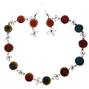 Fashion Jewelry Necklace Earrings Set Multicolored Stone and Floral Wire Link